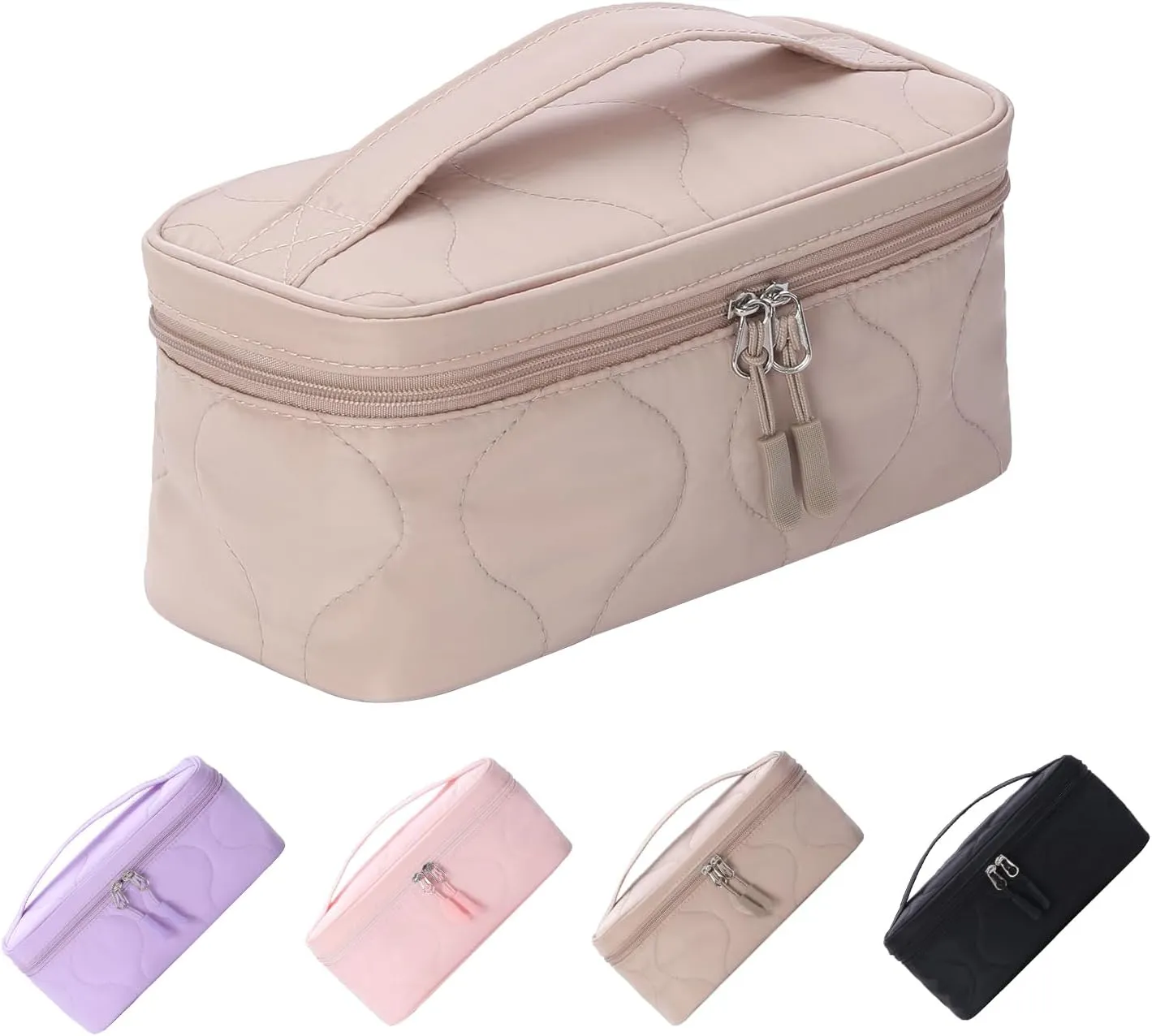 Small Makeup Bag with Brush Holder,Quilted Cosmetic Bag for Girls, Travel Organizer Bag for Accessories Beige