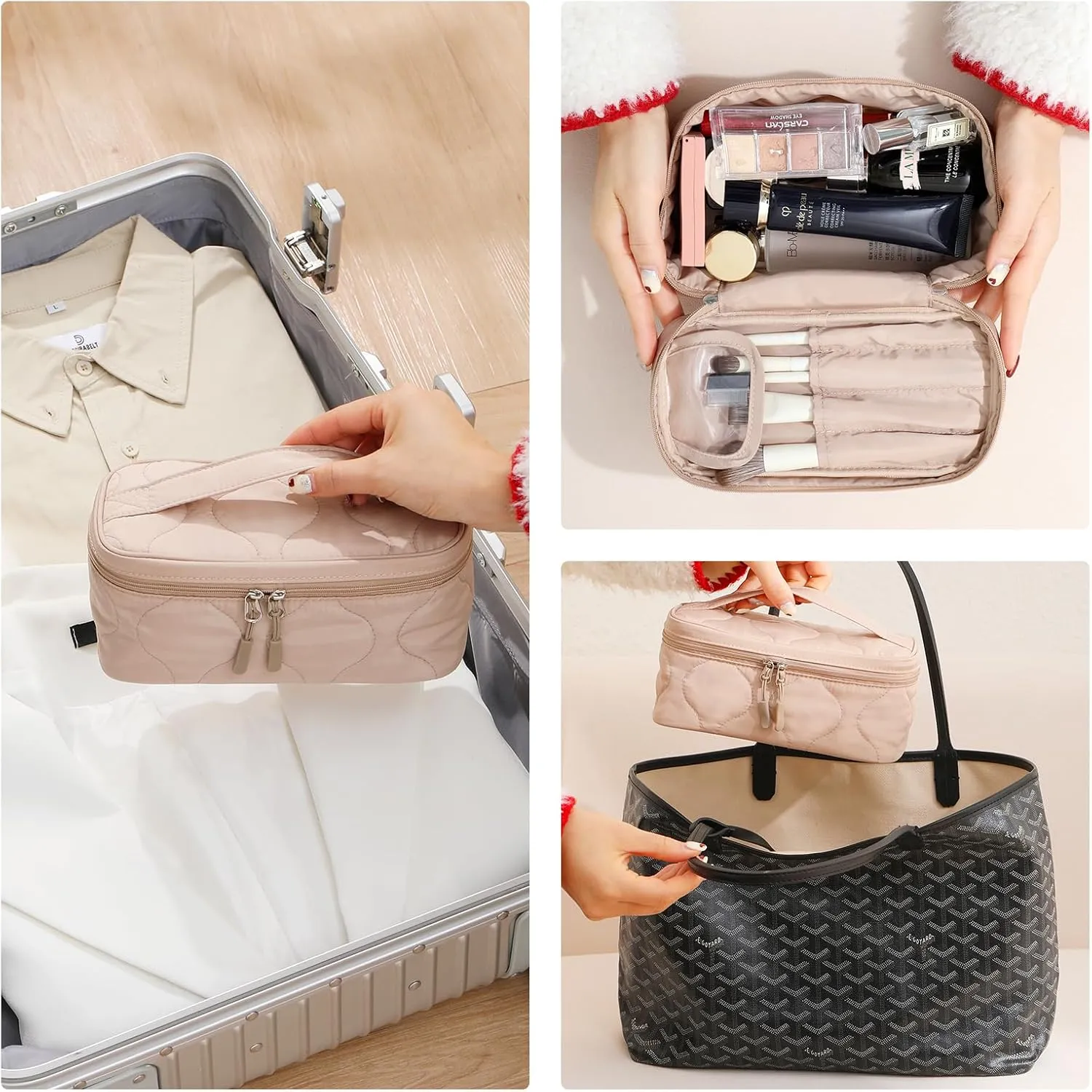 Small Makeup Bag with Brush Holder,Quilted Cosmetic Bag for Girls, Travel Organizer Bag for Accessories Beige