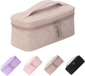 Small Makeup Bag with Brush Holder,Quilted Cosmetic Bag for Girls, Travel Organizer Bag for Accessories Beige