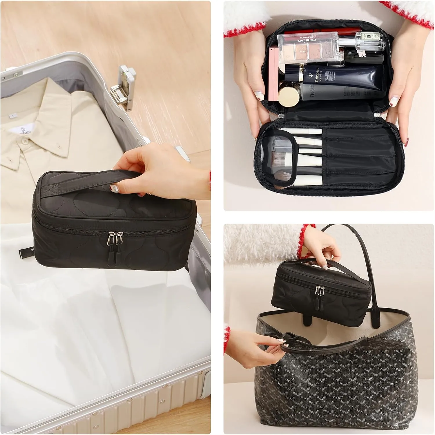 Small Makeup Bag with Brush Holder,Quilted Cosmetic Bag for Girls, Travel Organizer Bag for Accessories Black