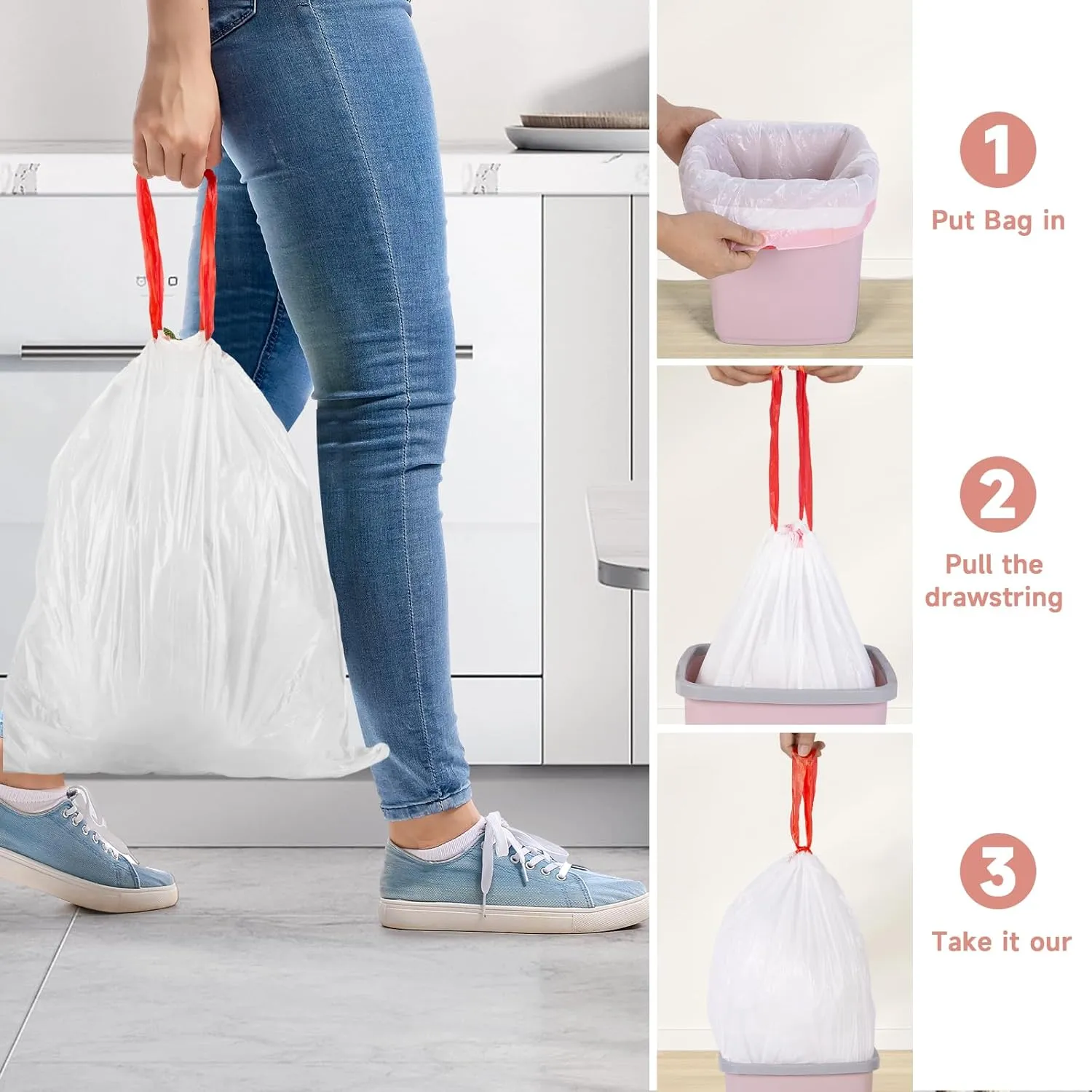 Small Trash-Bags-Bathroom 4 Gallon Drawstring Garbage-Bag - Kitchen Bedroom Car Size Unscented Clear White 57 Count Recycle Plastic Tall Liners For Office Outdoor Garden Waste Basket Can Heihaily
