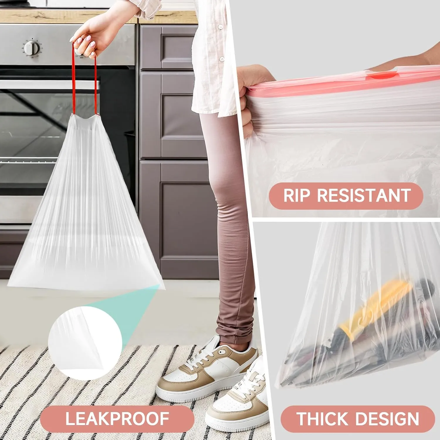 Small Trash-Bags-Bathroom 4 Gallon Drawstring Garbage-Bag - Kitchen Bedroom Car Size Unscented Clear White 57 Count Recycle Plastic Tall Liners For Office Outdoor Garden Waste Basket Can Heihaily
