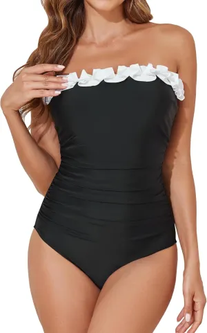 Smismivo Strapless Swimsuits for Women Bandeau One Piece Bathing Suit Tummy Control Swim Suit Vintage Ruched Ruffle Swimwear