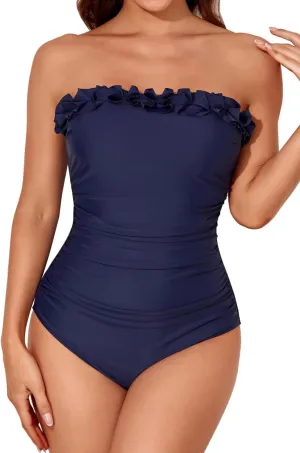 Smismivo Strapless Swimsuits for Women Bandeau One Piece Bathing Suit Tummy Control Swim Suit Vintage Ruched Ruffle Swimwear