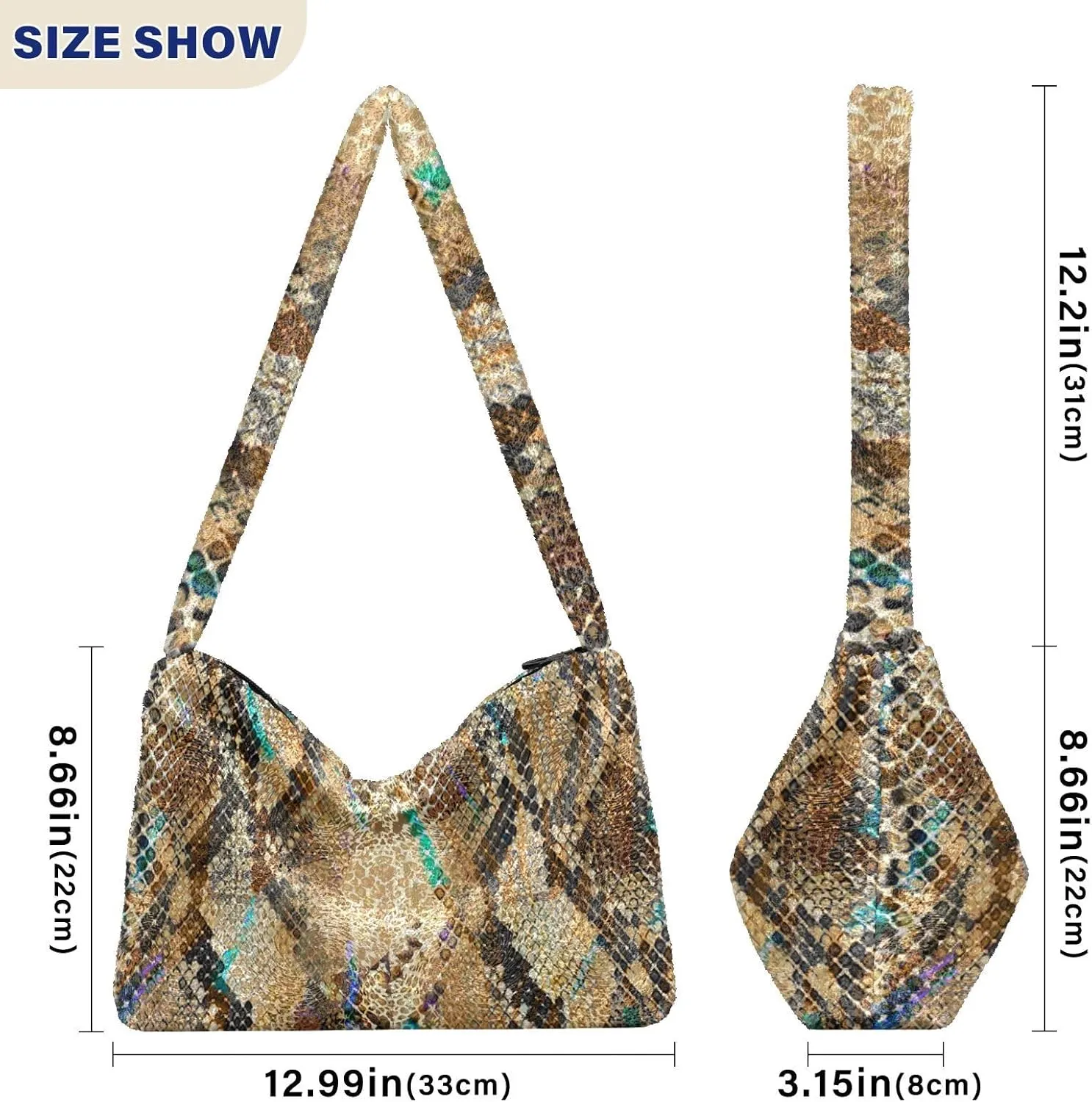 Snake Skin Gray Shoulder Tote Bags for Women Furry Crossbody bag with Zipper Hobo Handbag Purses for Teen Girls University