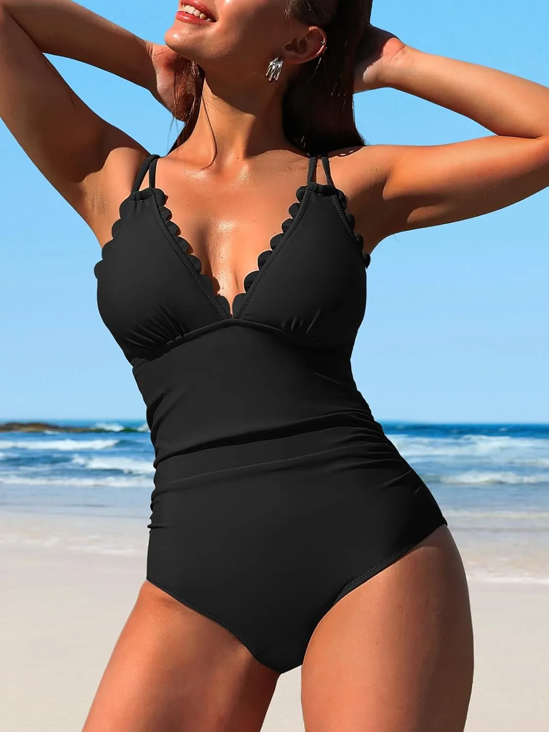 SOCIALA Scalloped One Piece Swimsuit Women Ruched Tummy Control Bathing Suit Cut Out Monokini Swimwear