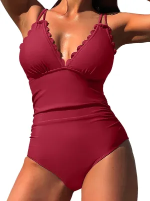 SOCIALA Scalloped One Piece Swimsuit Women Ruched Tummy Control Bathing Suit Cut Out Monokini Swimwear