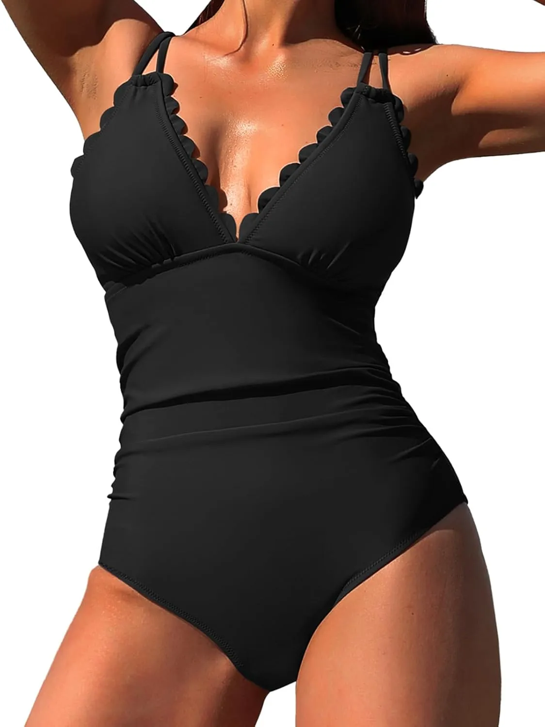 SOCIALA Scalloped One Piece Swimsuit Women Ruched Tummy Control Bathing Suit Cut Out Monokini Swimwear
