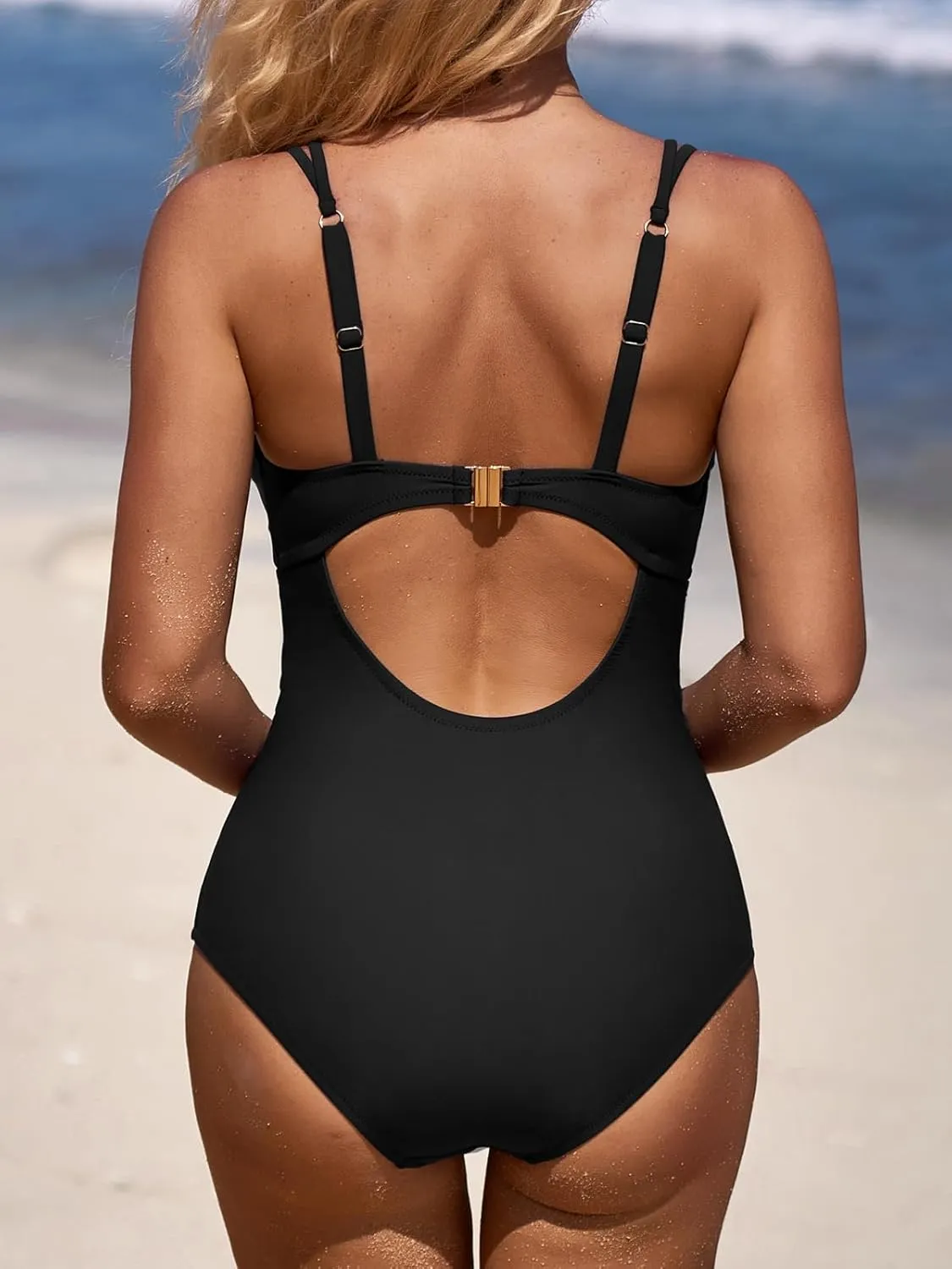 SOCIALA Scalloped One Piece Swimsuit Women Ruched Tummy Control Bathing Suit Cut Out Monokini Swimwear