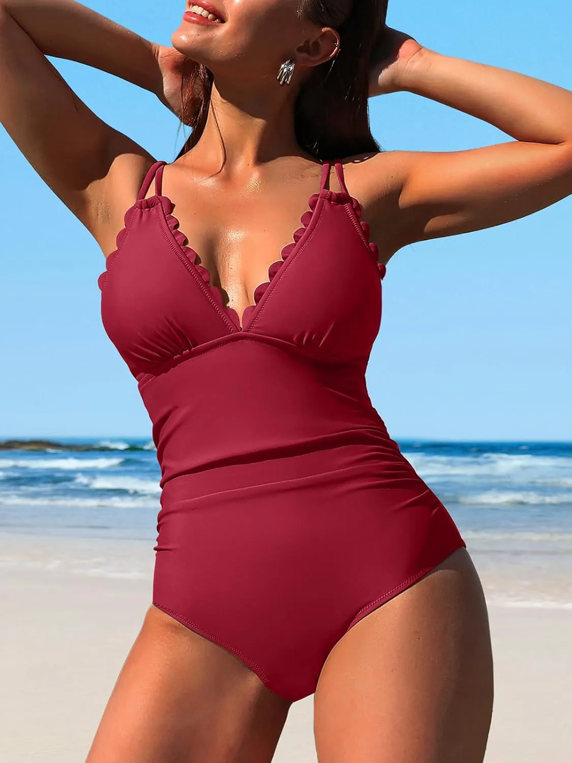 SOCIALA Scalloped One Piece Swimsuit Women Ruched Tummy Control Bathing Suit Cut Out Monokini Swimwear