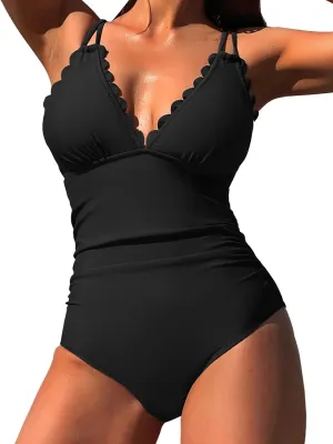 SOCIALA Scalloped One Piece Swimsuit Women Ruched Tummy Control Bathing Suit Cut Out Monokini Swimwear