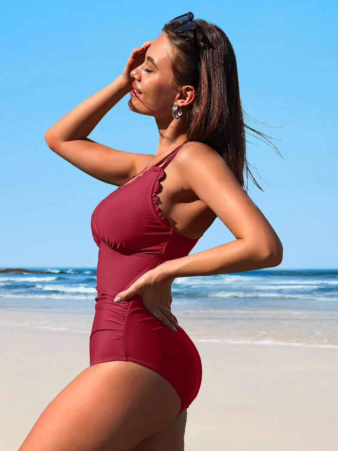 SOCIALA Scalloped One Piece Swimsuit Women Ruched Tummy Control Bathing Suit Cut Out Monokini Swimwear