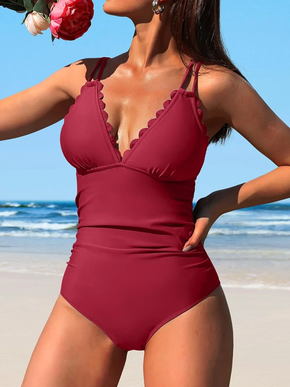 SOCIALA Scalloped One Piece Swimsuit Women Ruched Tummy Control Bathing Suit Cut Out Monokini Swimwear