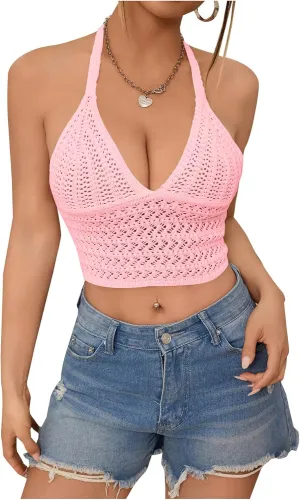 SOLY HUX Womens Crochet Halter Tops Summer Y2K Cute Crop Tops Sexy Knitted Sleeveless Camisole