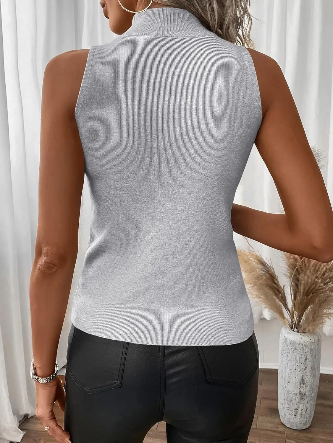 SOLY HUX Women's Mock Turtle Neck Tops Sexy Ribbed Knit Sleeveless Tank Tops Basic Slim Fitted Shirts