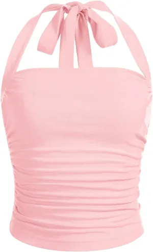 SOLY HUX Women's Ruched Halter Y2K Crop Tops Tie Back Sleeveless Slim Fit Cami Tops
