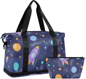 Space Planets Rockets Cartoon Duffle Bags for Women Large Travel Expandable Gym Bags for Men, Bags that Fit under Airplane Seat with Wet Pocket and Shoes Compartment