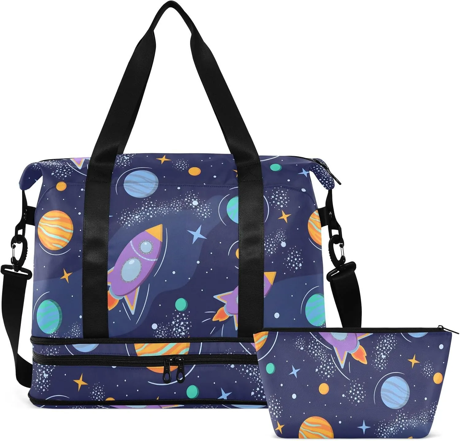 Space Planets Rockets Cartoon Duffle Bags for Women Large Travel Expandable Gym Bags for Men, Bags that Fit under Airplane Seat with Wet Pocket and Shoes Compartment