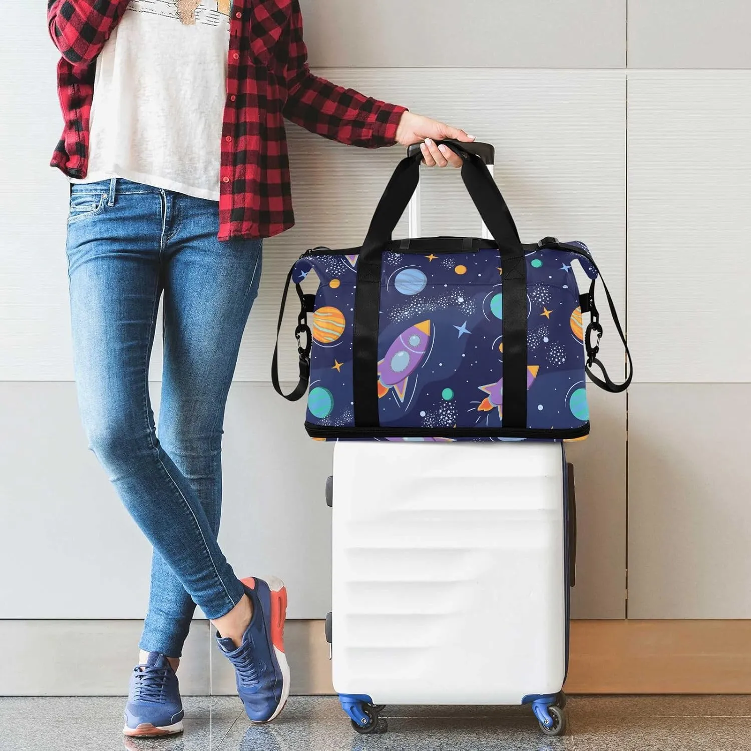 Space Planets Rockets Cartoon Duffle Bags for Women Large Travel Expandable Gym Bags for Men, Bags that Fit under Airplane Seat with Wet Pocket and Shoes Compartment