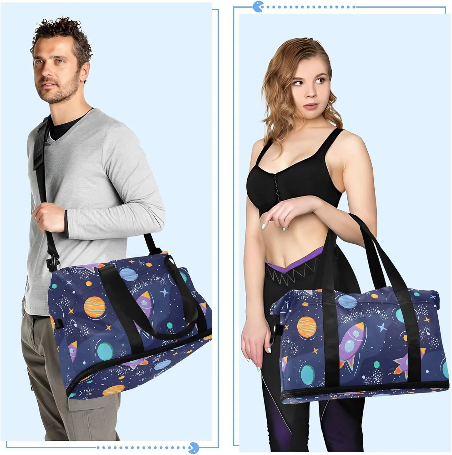 Space Planets Rockets Cartoon Duffle Bags for Women Large Travel Expandable Gym Bags for Men, Bags that Fit under Airplane Seat with Wet Pocket and Shoes Compartment