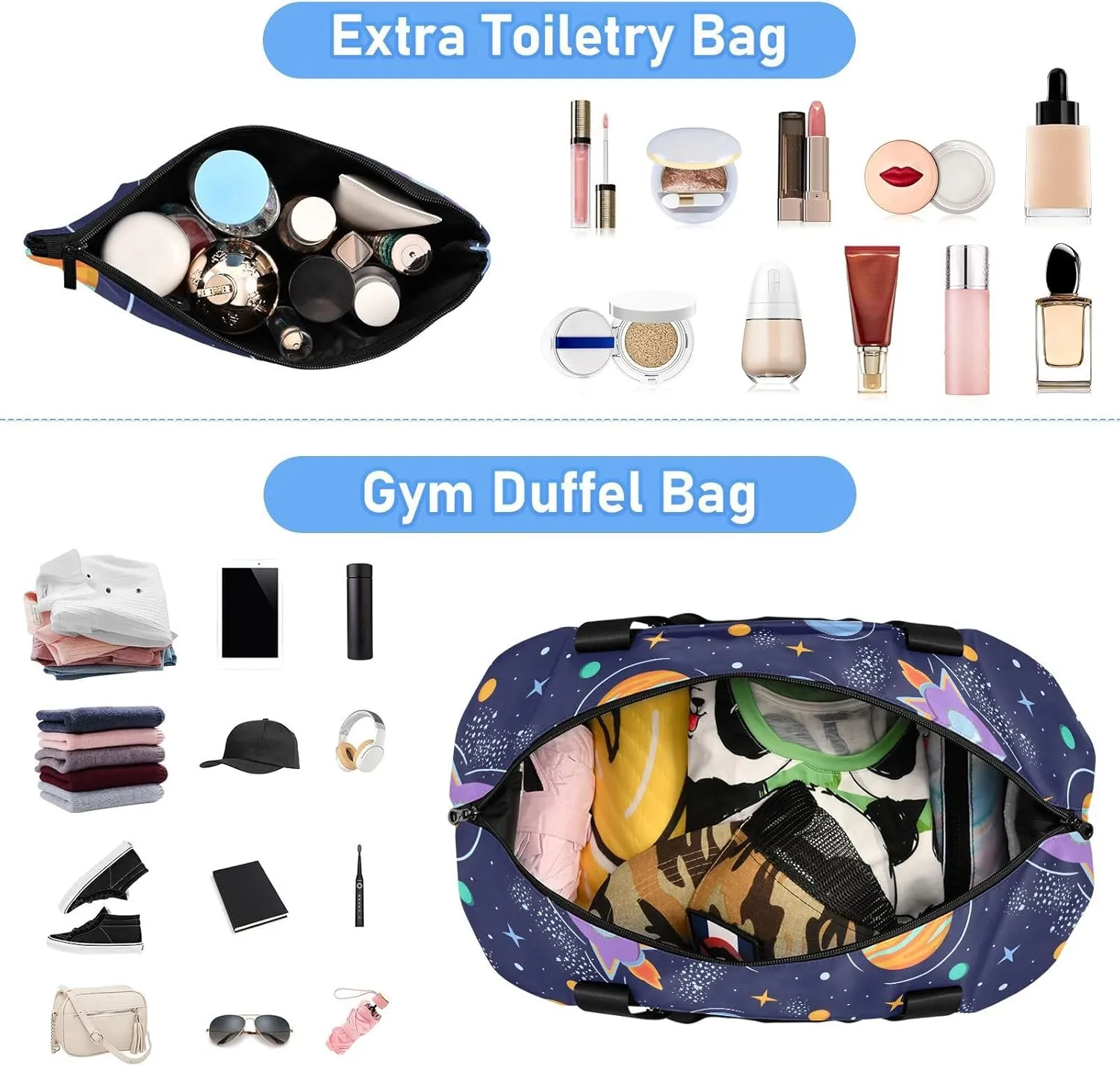 Space Planets Rockets Cartoon Duffle Bags for Women Large Travel Expandable Gym Bags for Men, Bags that Fit under Airplane Seat with Wet Pocket and Shoes Compartment
