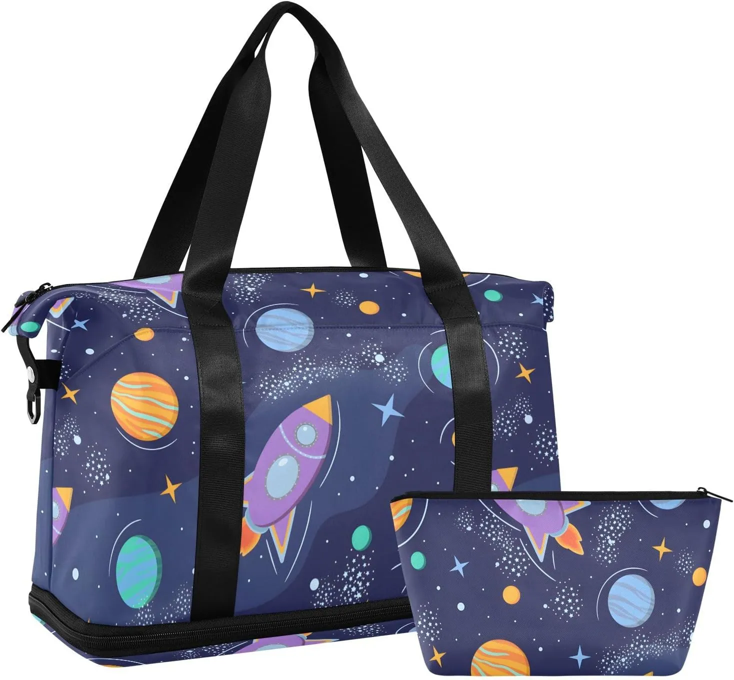 Space Planets Rockets Cartoon Duffle Bags for Women Large Travel Expandable Gym Bags for Men, Bags that Fit under Airplane Seat with Wet Pocket and Shoes Compartment