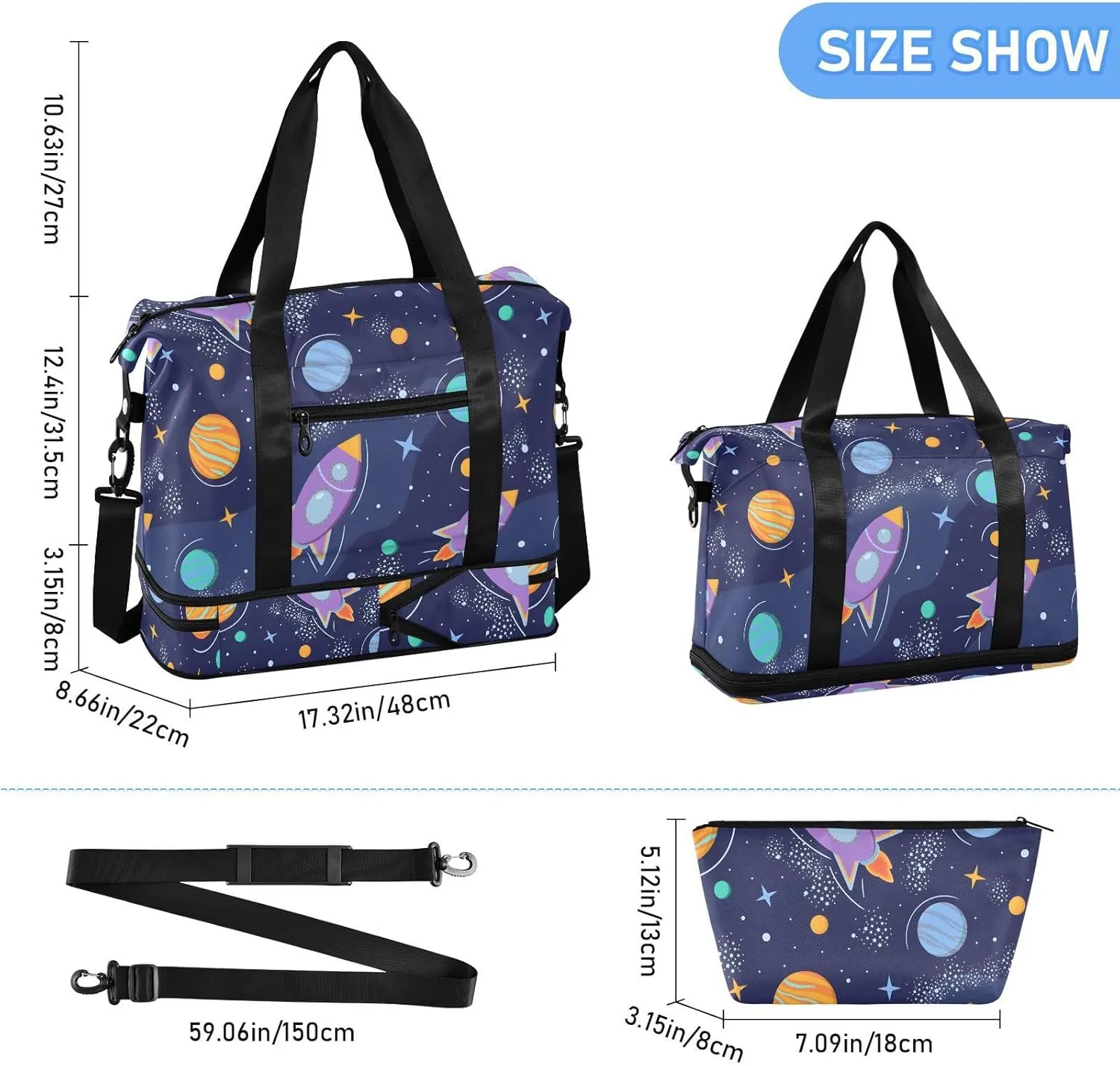 Space Planets Rockets Cartoon Duffle Bags for Women Large Travel Expandable Gym Bags for Men, Bags that Fit under Airplane Seat with Wet Pocket and Shoes Compartment