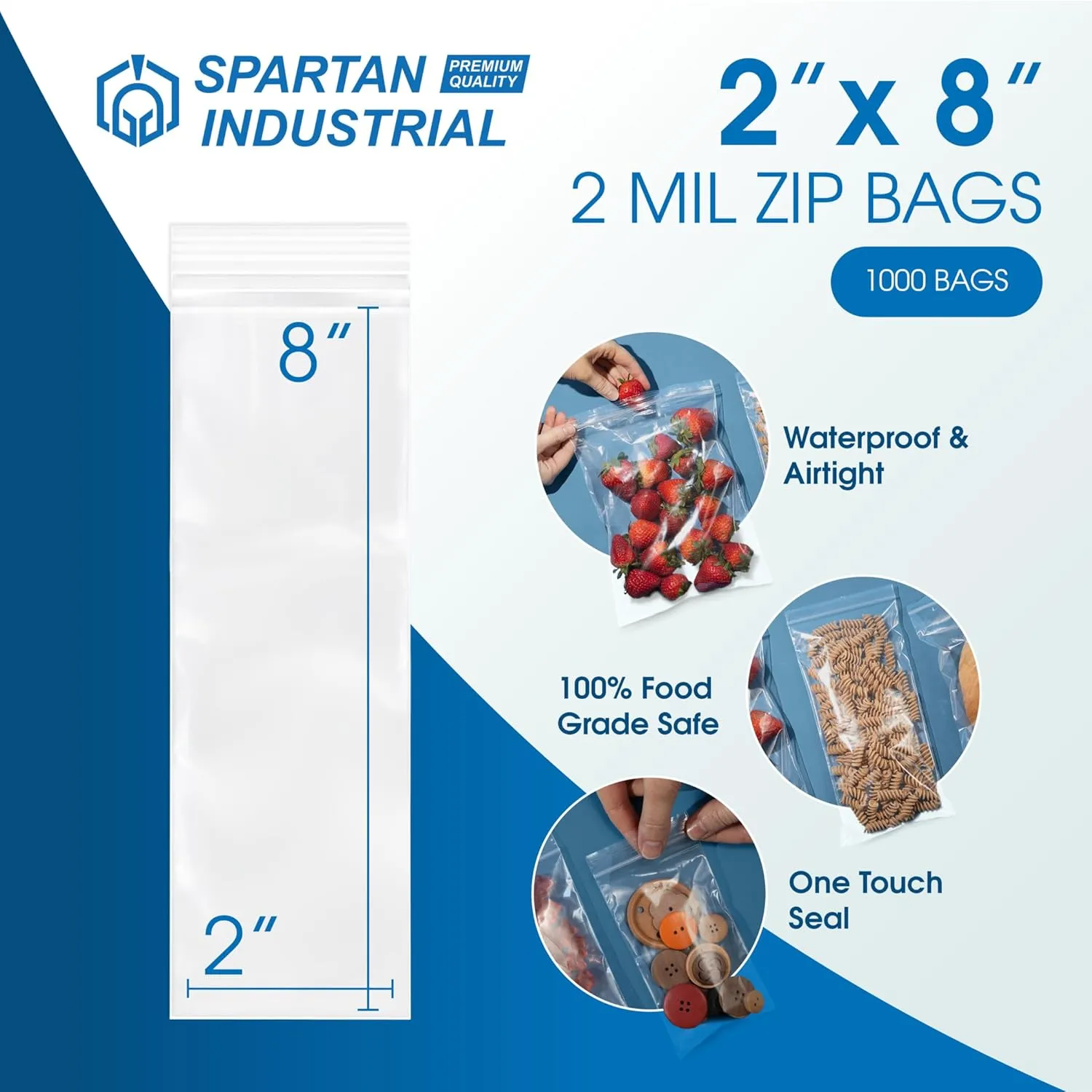 Spartan Industrial - 2 X 8 (1000 Count) 2 Mil Clear Reclosable Zip Plastic Poly Bags with Resealable Lock Seal Zipper