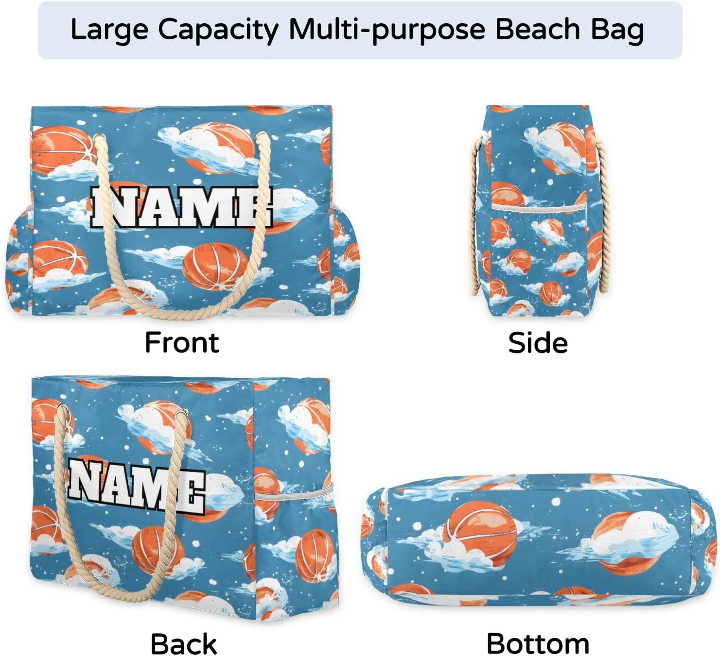 Sport Baseball Personalized Beach Bag for Women, Custom Name Waterproof Sandproof Pool Swim Bags