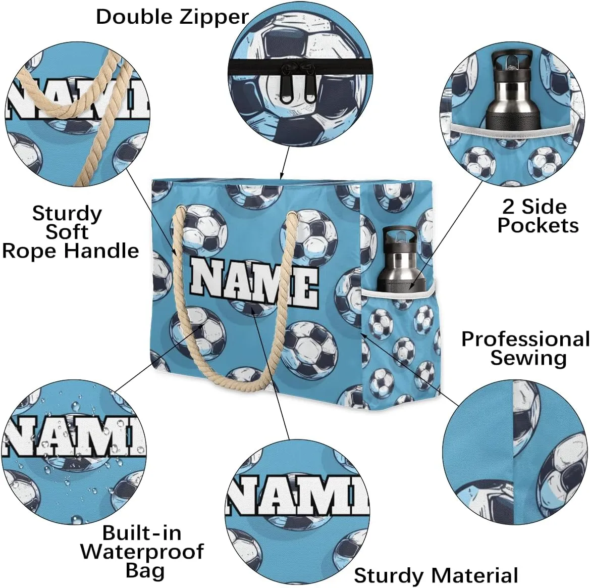 Sport Baseball Personalized Beach Bag for Women, Custom Name Waterproof Sandproof Pool Swim Bags