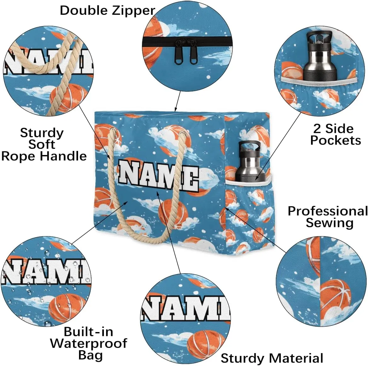 Sport Baseball Personalized Beach Bag for Women, Custom Name Waterproof Sandproof Pool Swim Bags