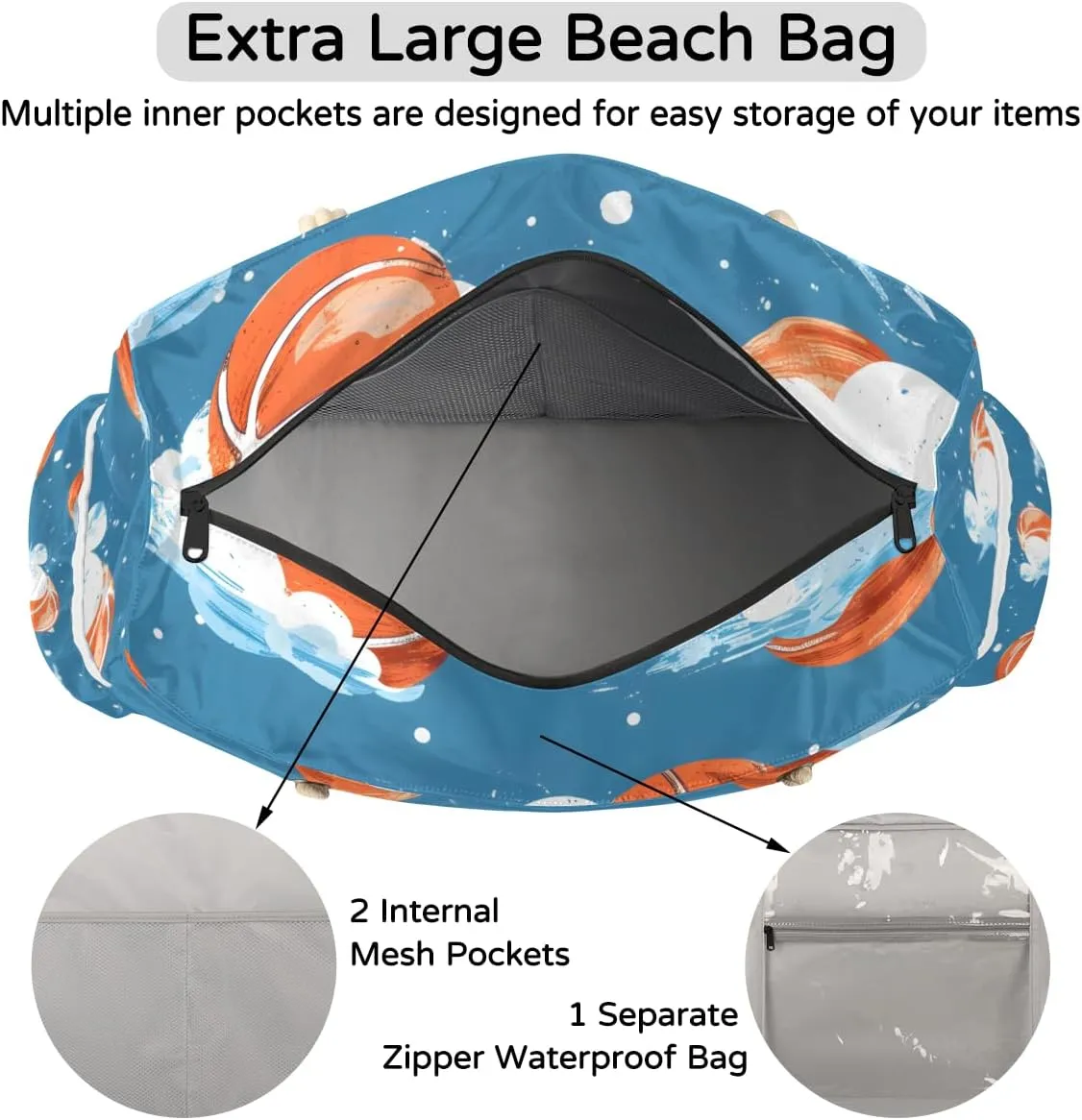 Sport Baseball Personalized Beach Bag for Women, Custom Name Waterproof Sandproof Pool Swim Bags
