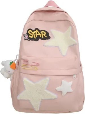 Star Aesthetic Backpack Large Capacity Cute Kawaii Japanese Y2k Backpack Cottagecore Laptop Bag with Cute Accessories (Pink)