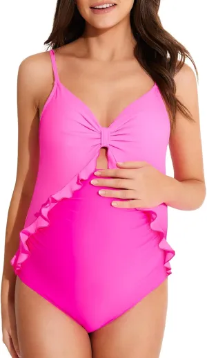 Summer Mae Maternity Swimsuit One Piece Ruffle Cutout Pregnancy Bathing Suit Lace Up Swimwear