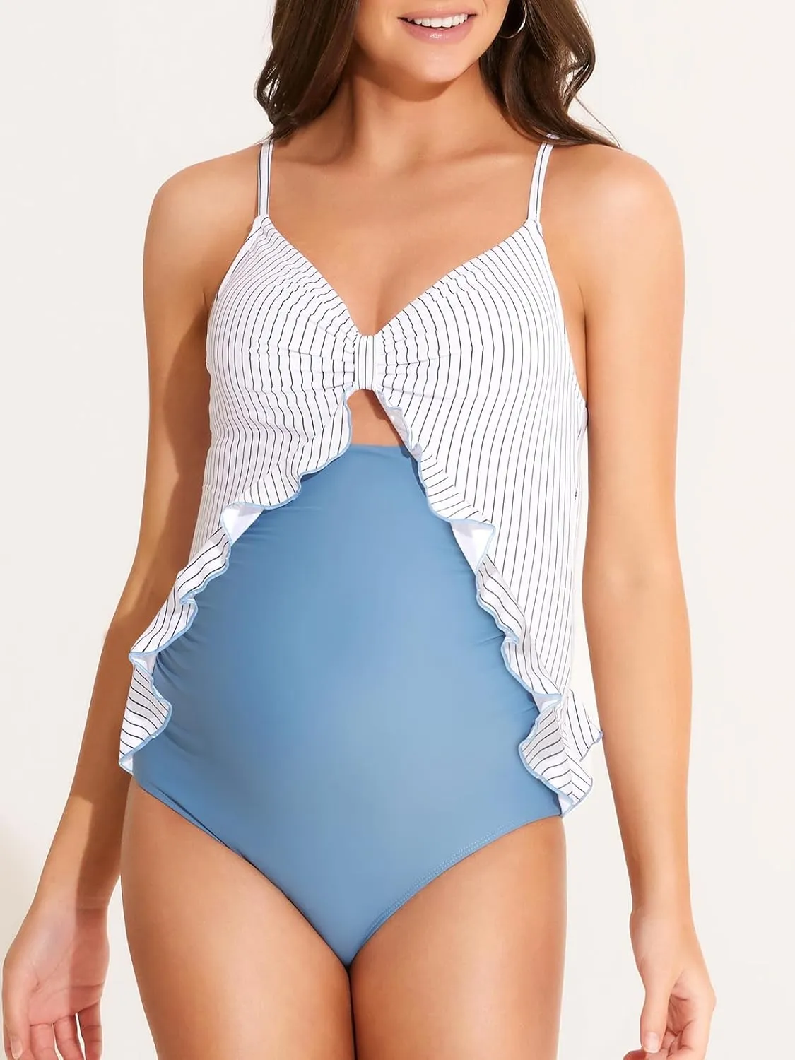 Summer Mae Maternity Swimsuit One Piece Ruffle Cutout Pregnancy Bathing Suit Lace Up Swimwear