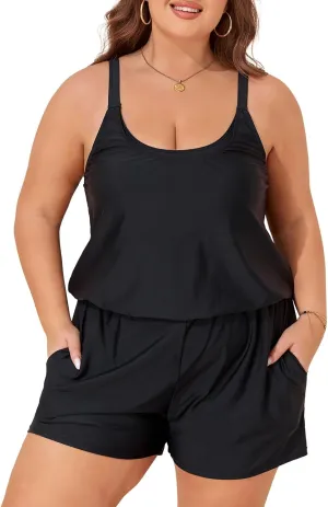 Summer Mae Plus Size Swim Romper Women One Piece Swimsuit Blouson Bathing Suit with Pockets 2025 Modest Swimwear