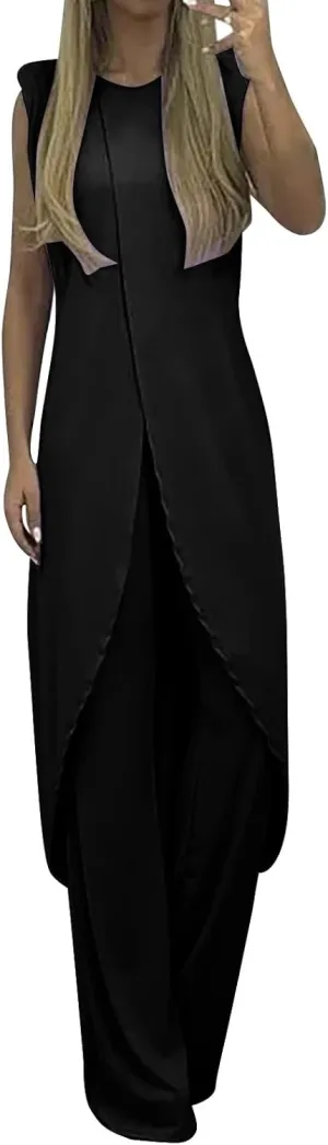 Summer Outfits for Women 2024 Sleeveless Long Vest Robe 2-Piece Sets Front Cross Split Gown Blouse Wide Leg Pants Suit