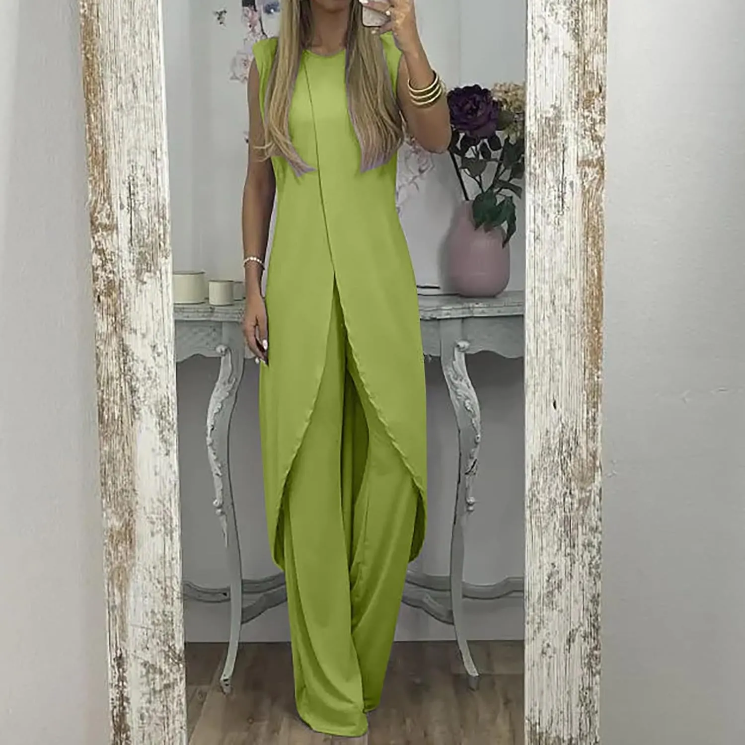 Summer Outfits for Women 2024 Sleeveless Long Vest Robe 2-Piece Sets Front Cross Split Gown Blouse Wide Leg Pants Suit