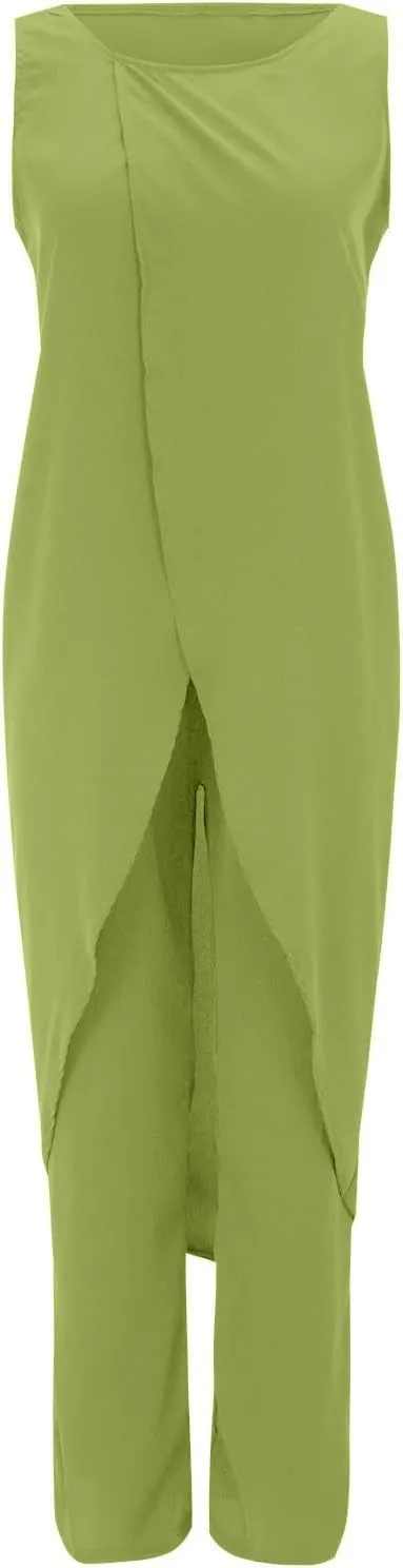 Summer Outfits for Women 2024 Sleeveless Long Vest Robe 2-Piece Sets Front Cross Split Gown Blouse Wide Leg Pants Suit