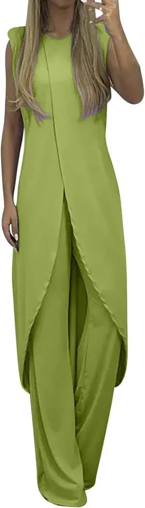 Summer Outfits for Women 2024 Sleeveless Long Vest Robe 2-Piece Sets Front Cross Split Gown Blouse Wide Leg Pants Suit