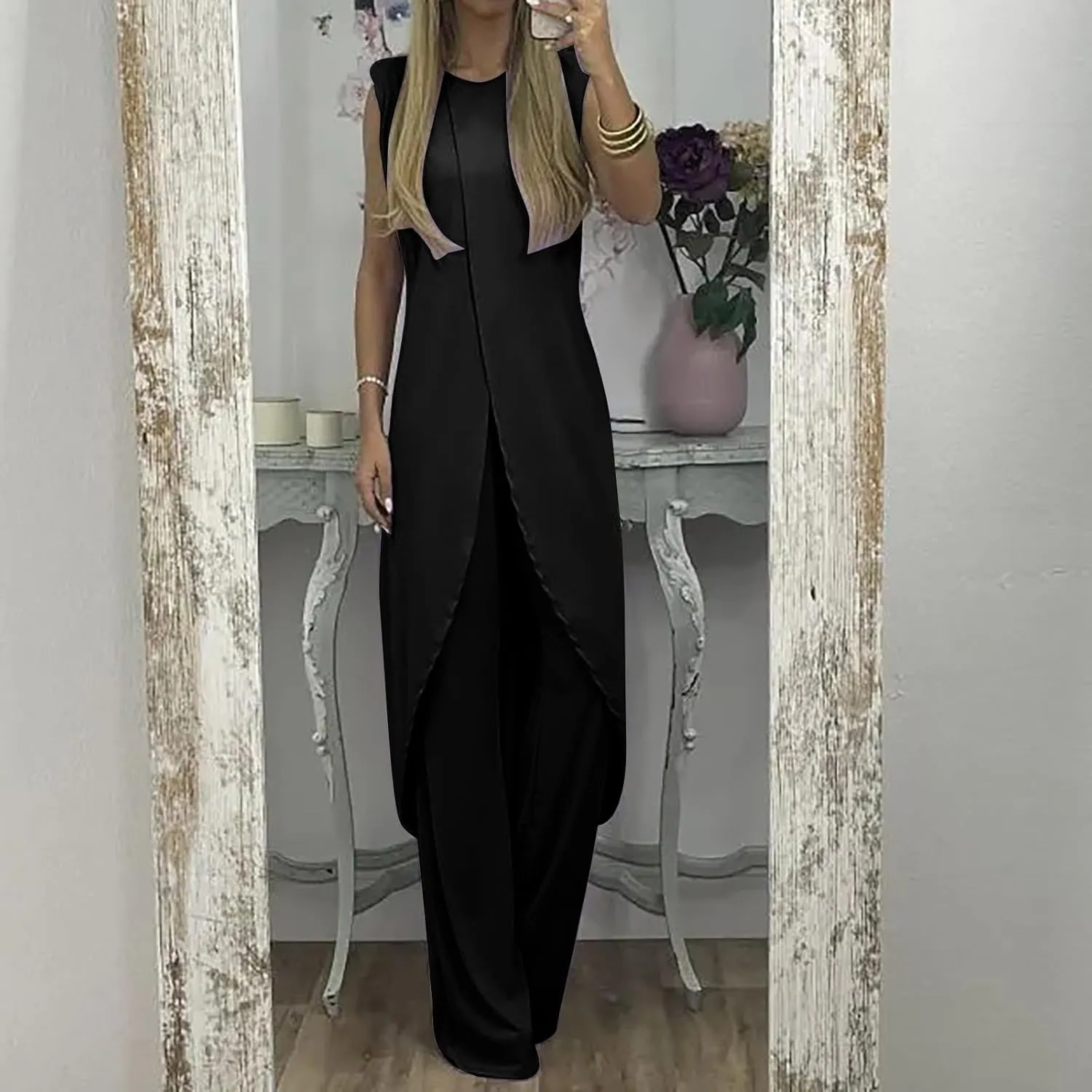 Summer Outfits for Women 2024 Sleeveless Long Vest Robe 2-Piece Sets Front Cross Split Gown Blouse Wide Leg Pants Suit