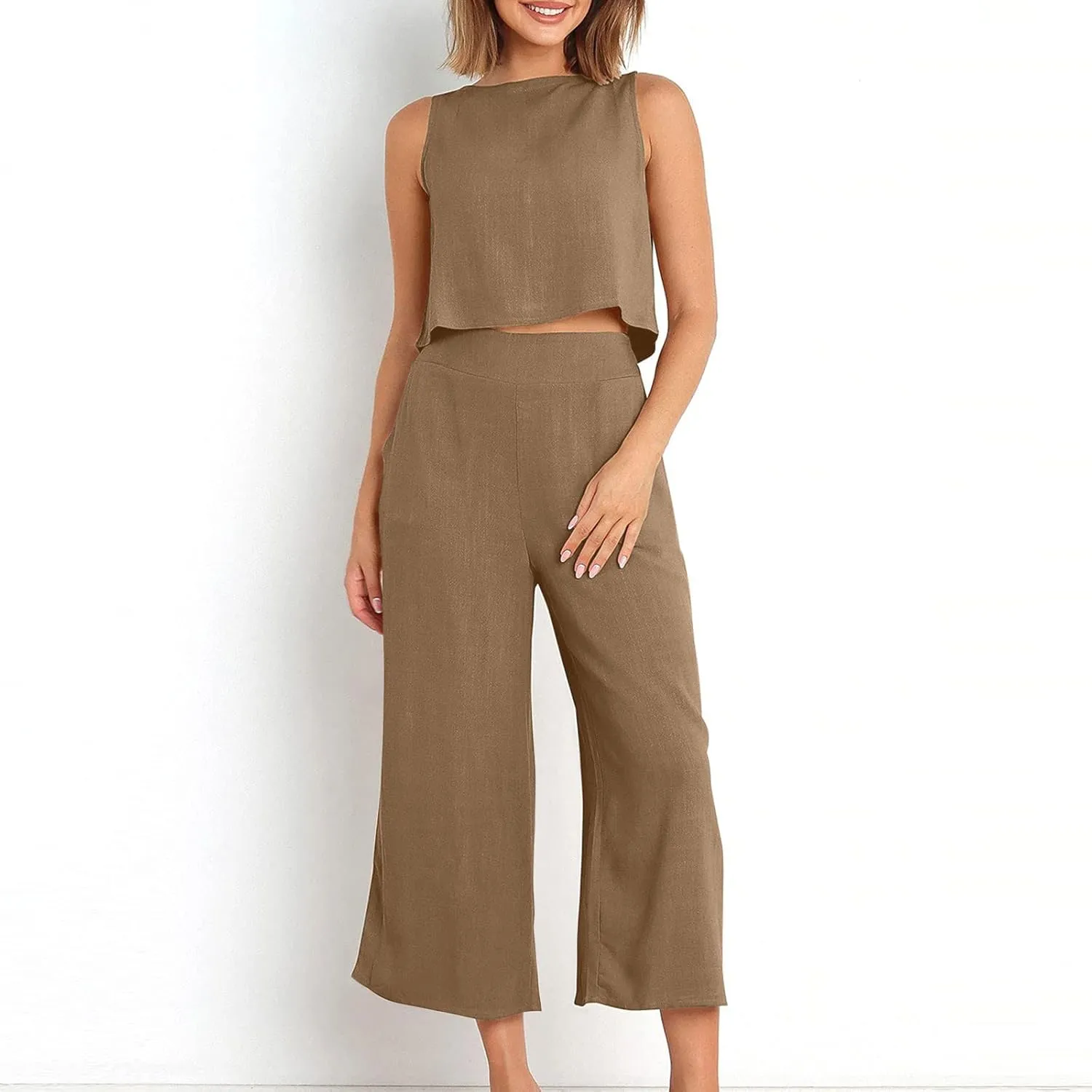 Summer Vacation 2 Piece Outfits For Women 2024 Sleeveless Crop Top Capri Wide Leg Pants Matching Lounge Set Linen Sets