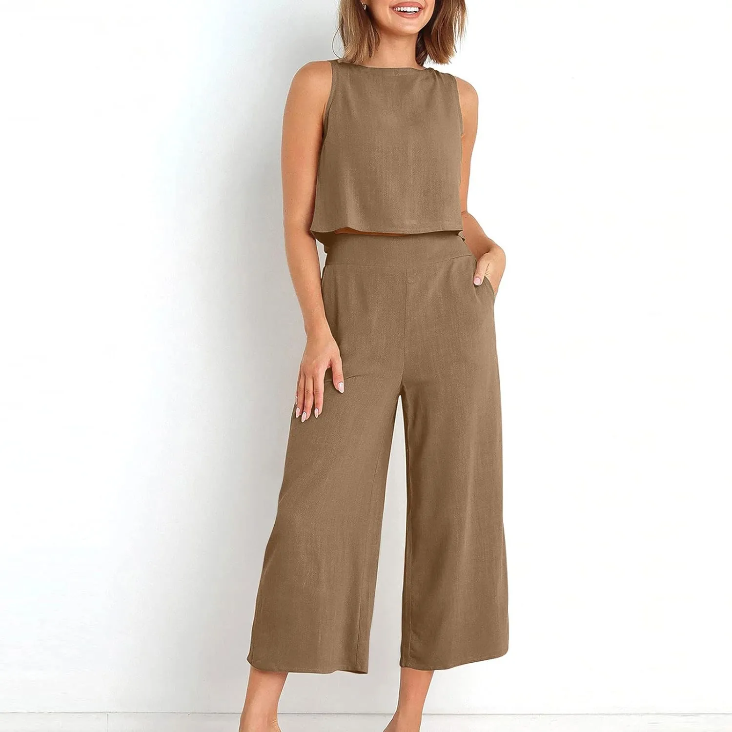 Summer Vacation 2 Piece Outfits For Women 2024 Sleeveless Crop Top Capri Wide Leg Pants Matching Lounge Set Linen Sets