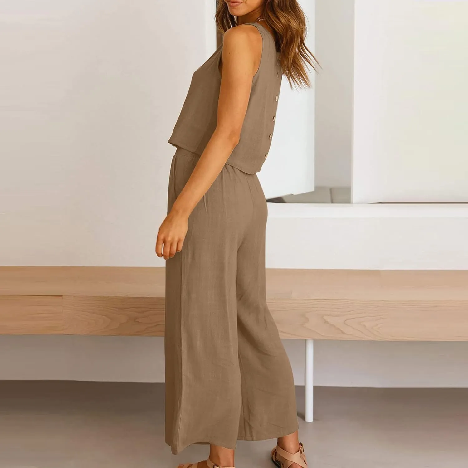 Summer Vacation 2 Piece Outfits For Women 2024 Sleeveless Crop Top Capri Wide Leg Pants Matching Lounge Set Linen Sets