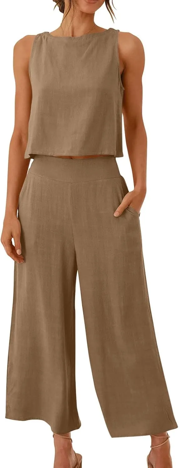 Summer Vacation 2 Piece Outfits For Women 2024 Sleeveless Crop Top Capri Wide Leg Pants Matching Lounge Set Linen Sets