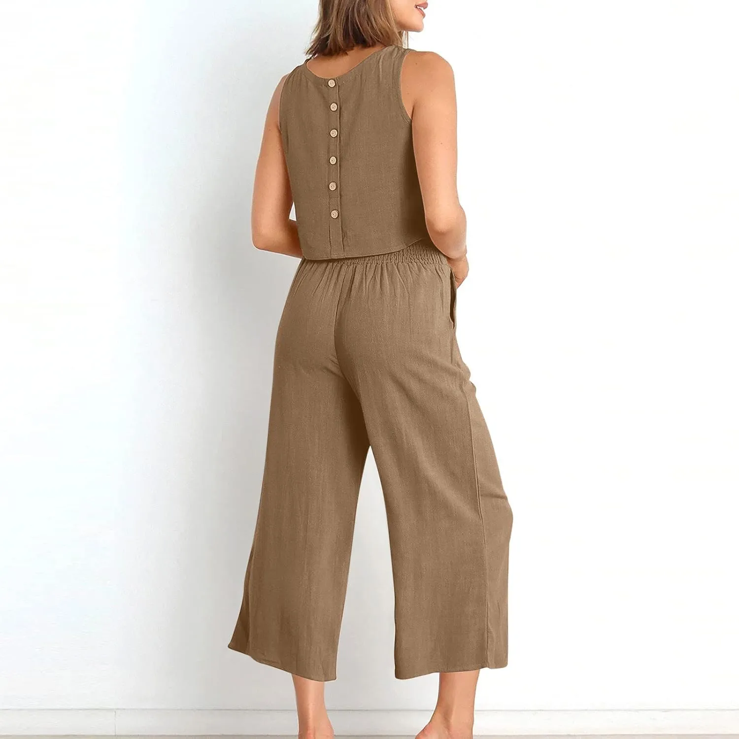Summer Vacation 2 Piece Outfits For Women 2024 Sleeveless Crop Top Capri Wide Leg Pants Matching Lounge Set Linen Sets
