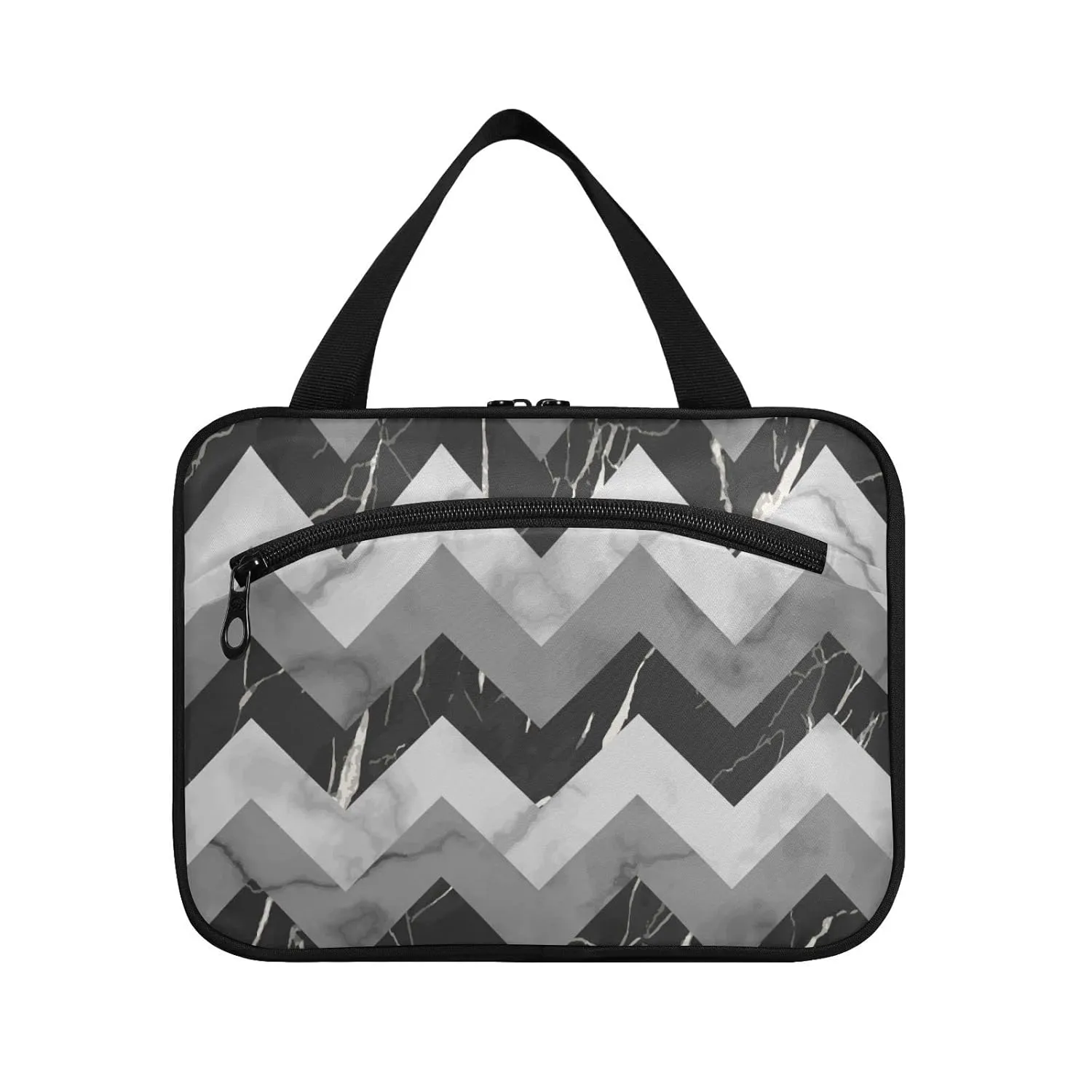 susiyo Black and Gray Marble Zigzag Toiletry Bags with Hanging Hook Foldable Cosmetic Bag Travel Accessories- Medium