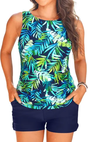 Tankini Swimsuits with Shorts - Two Piece Tummy Control Bathing Suits High Neck Swimwear with Two Side Pockets