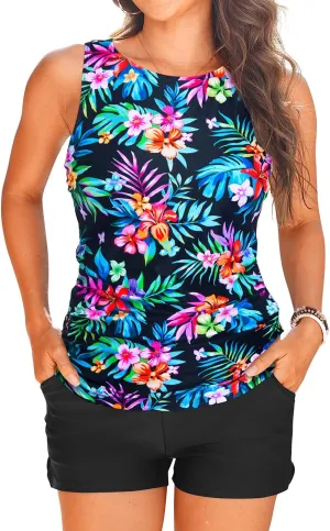 Tankini Swimsuits with Shorts - Two Piece Tummy Control Bathing Suits High Neck Swimwear with Two Side Pockets