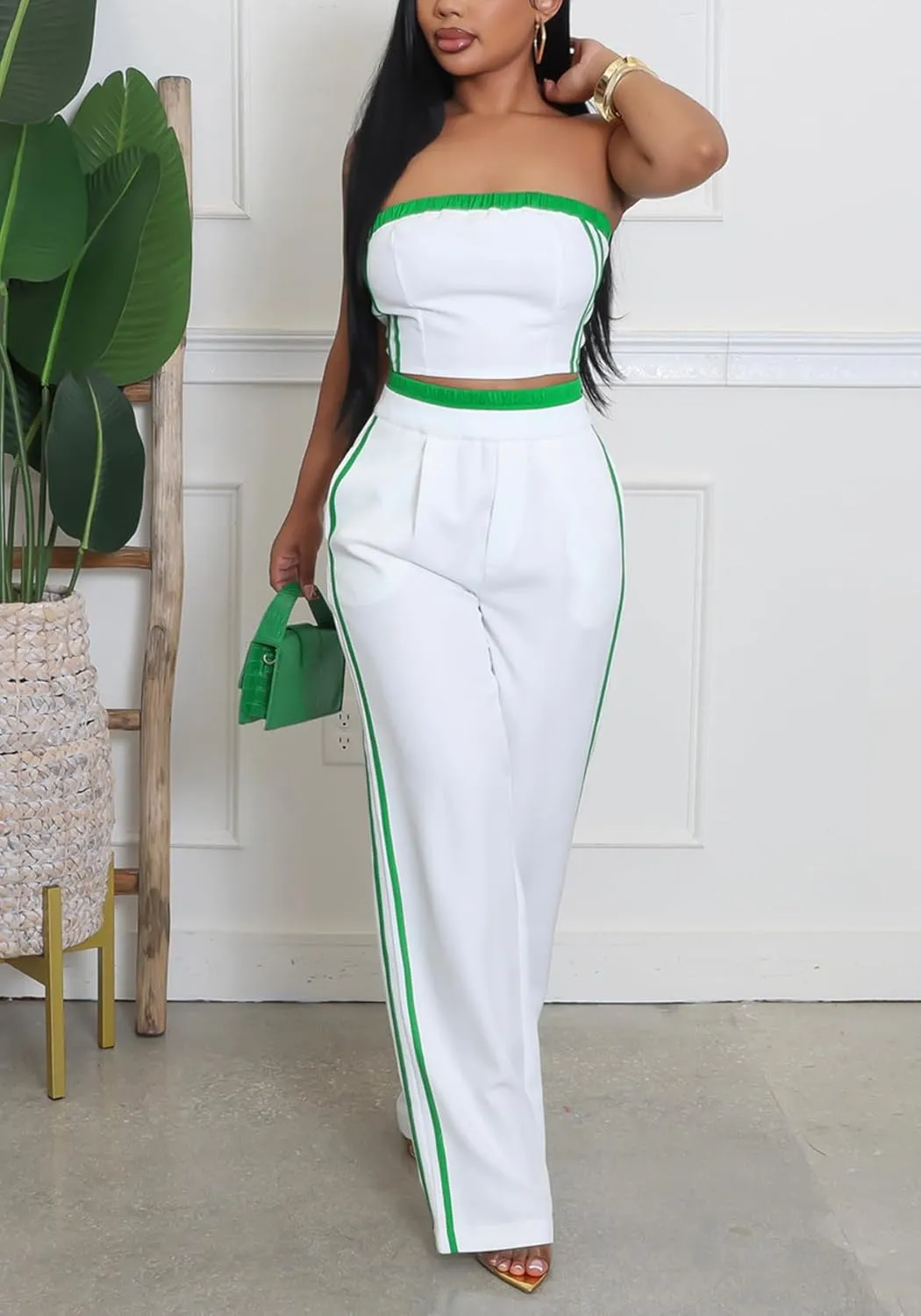 Tcremisa Womens Summer Striped 2 Piece Outfits Casual Tracksuits Sexy Tube Top and Straight Wide Leg Pants Set